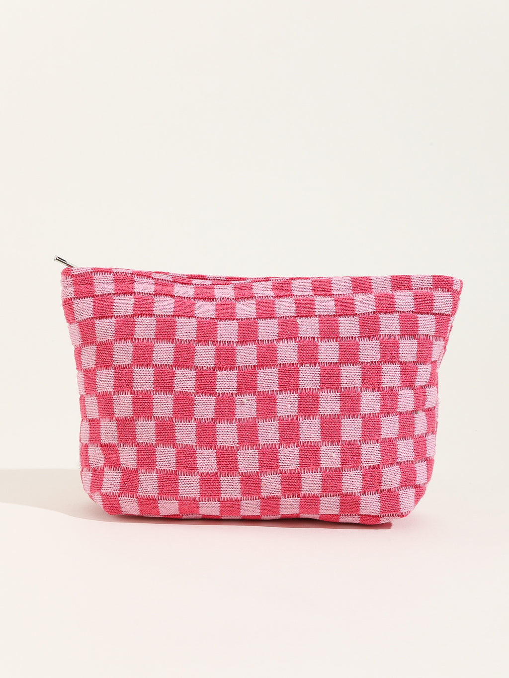 Large Checkered Knit Makeup Bag - pink - 3