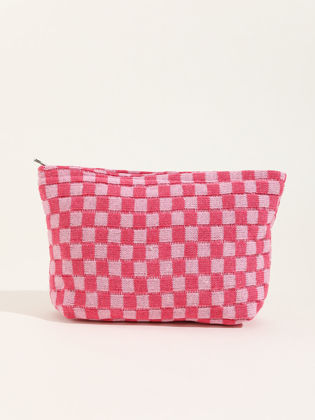 Large Checkered Knit Makeup Bag - pink - 3