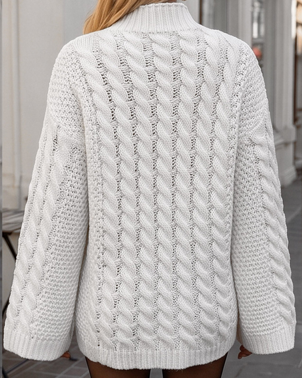 Mock Neck Cable Knit Balloon Sleeve Sweater - White - 1
