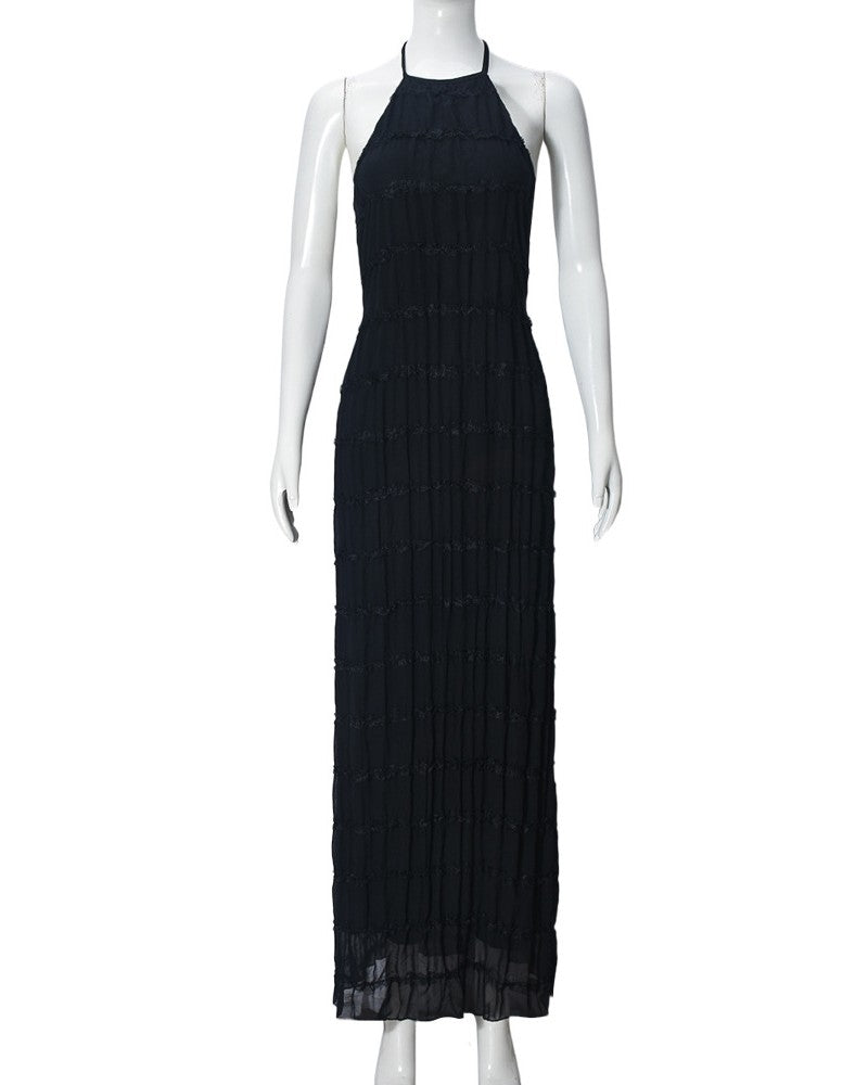 Textured Halter Neck Backless Maxi Dress - Black