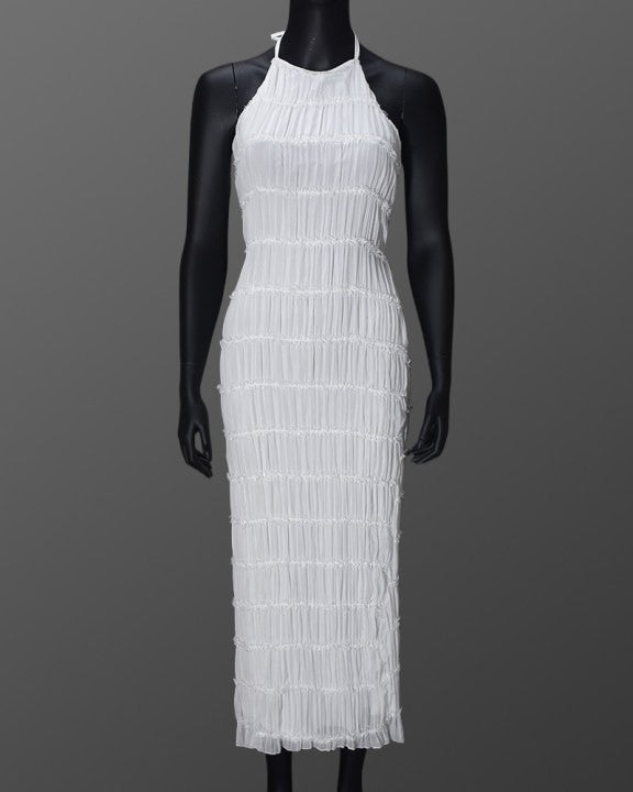 Textured Halter Neck Backless Maxi Dress - White