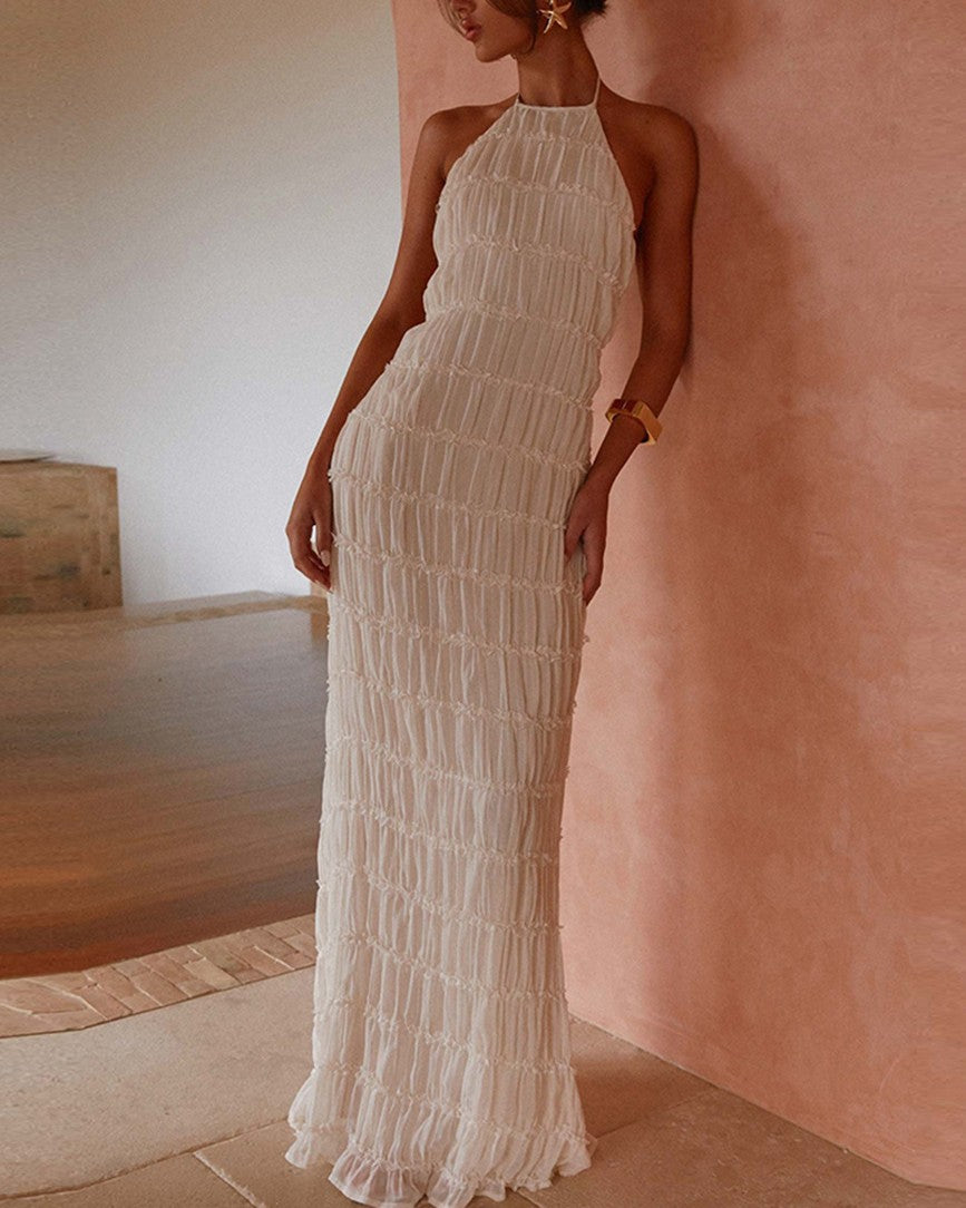 Textured Halter Neck Backless Maxi Dress - Yellow