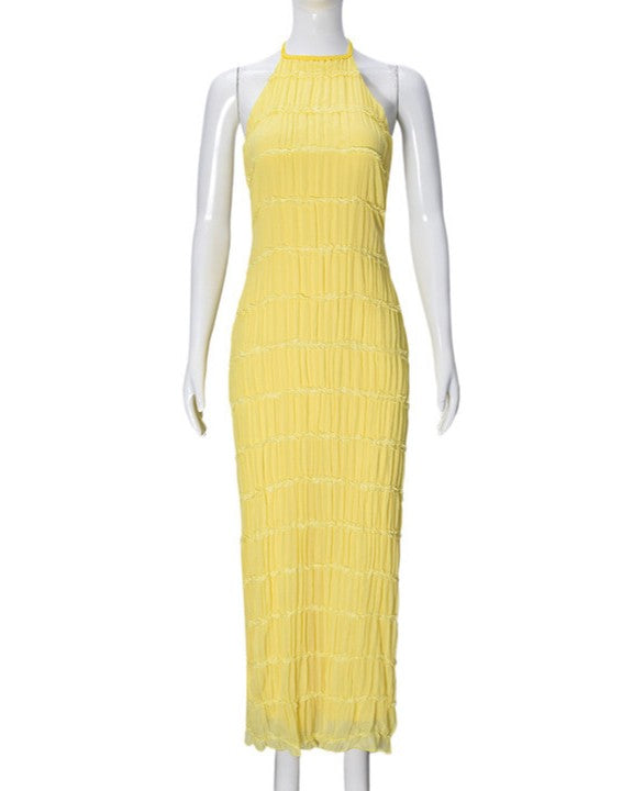 Textured Halter Neck Backless Maxi Dress - Yellow - 1