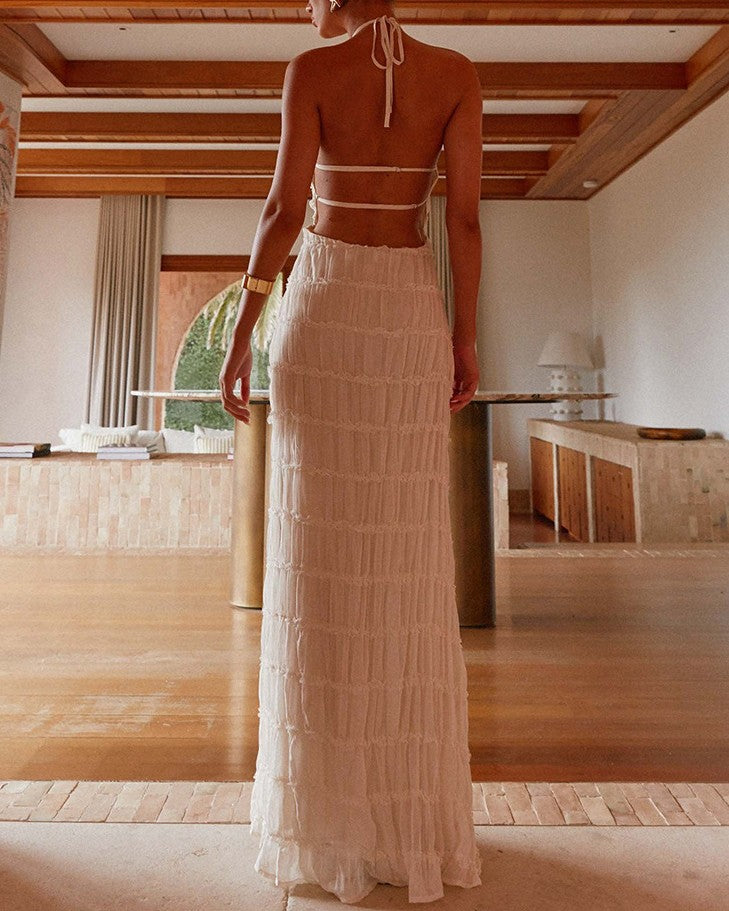Textured Halter Neck Backless Maxi Dress - Yellow - 2