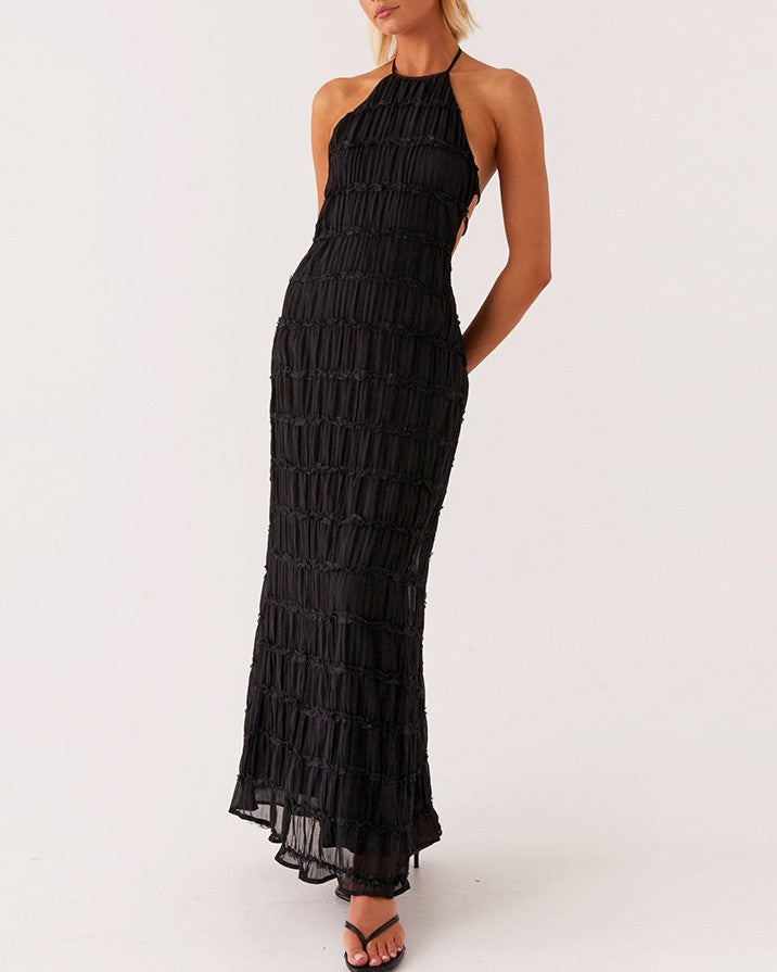 Textured Halter Neck Backless Maxi Dress - Yellow - 3