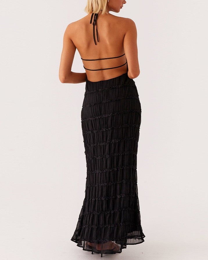 Textured Halter Neck Backless Maxi Dress - Yellow - 4