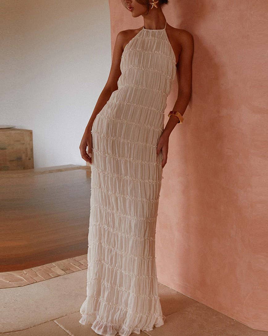 Textured Halter Neck Backless Maxi Dress