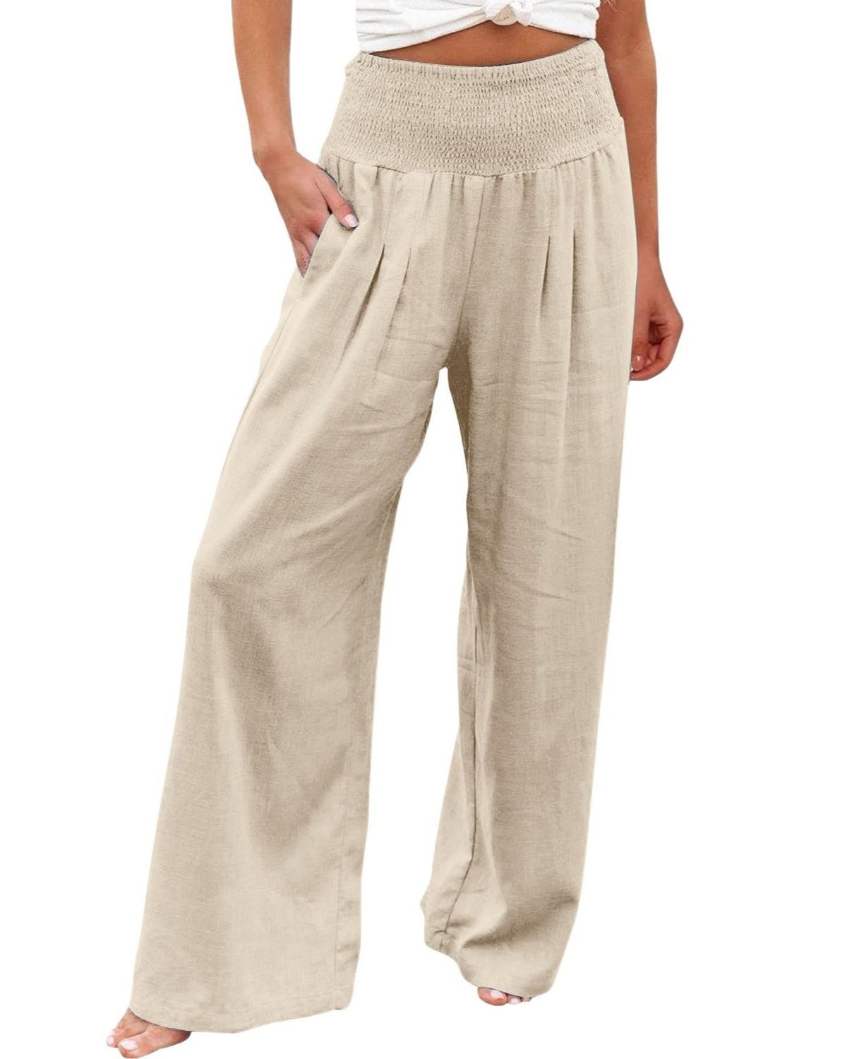Linen Blend Smocked Waist Palazzo Pants - Apricot