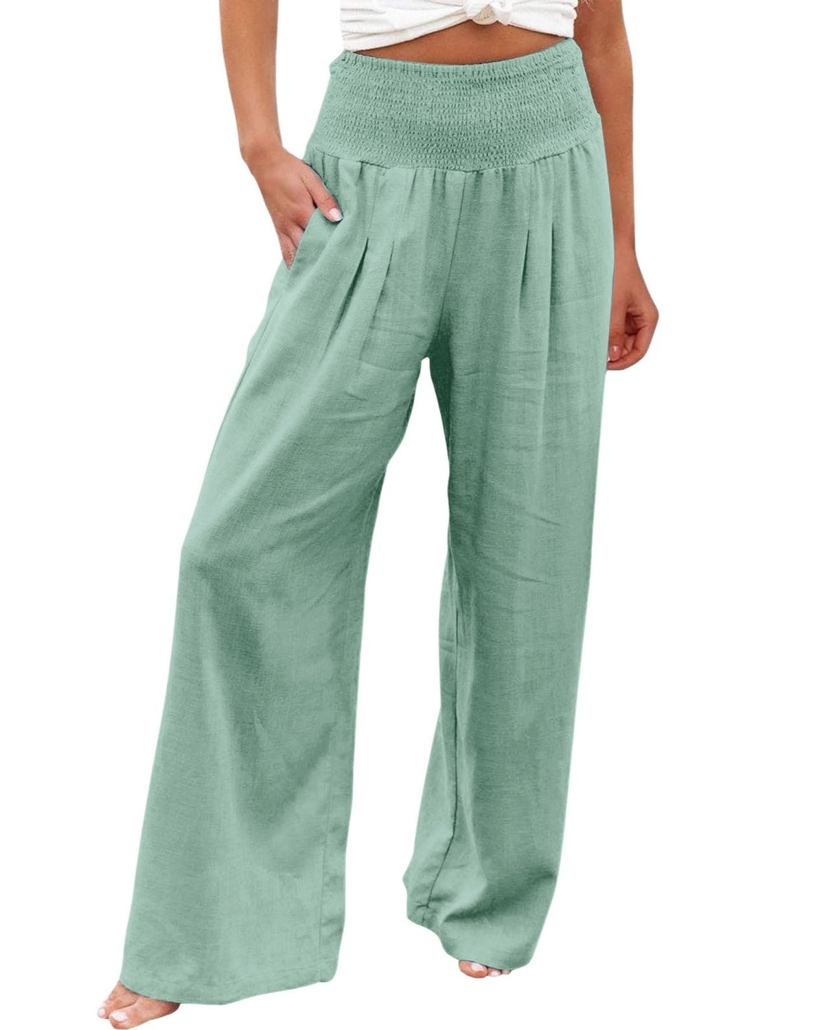 Linen Blend Smocked Waist Palazzo Pants - Bean-Green