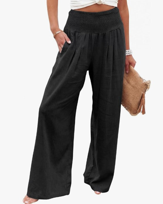 Linen Blend Smocked Waist Palazzo Pants - Black