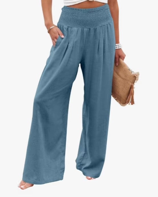 Linen Blend Smocked Waist Palazzo Pants - Blue