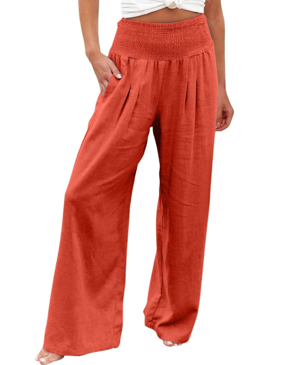 Linen Blend Smocked Waist Palazzo Pants - Brick-Red