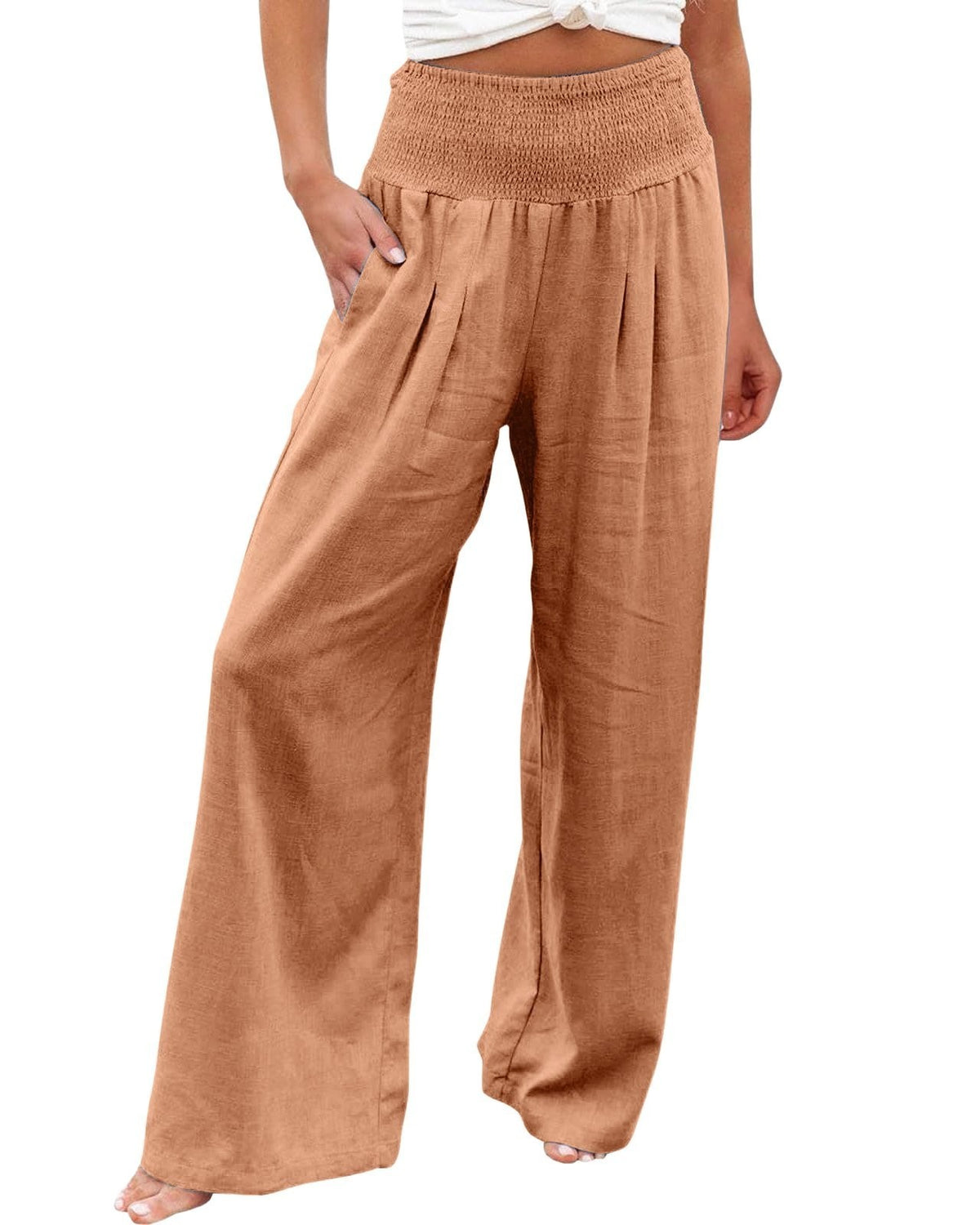 Linen Blend Smocked Waist Palazzo Pants - Brown