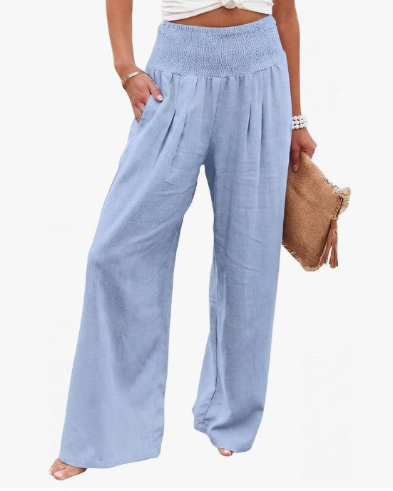 Linen Blend Smocked Waist Palazzo Pants - Light-Blue