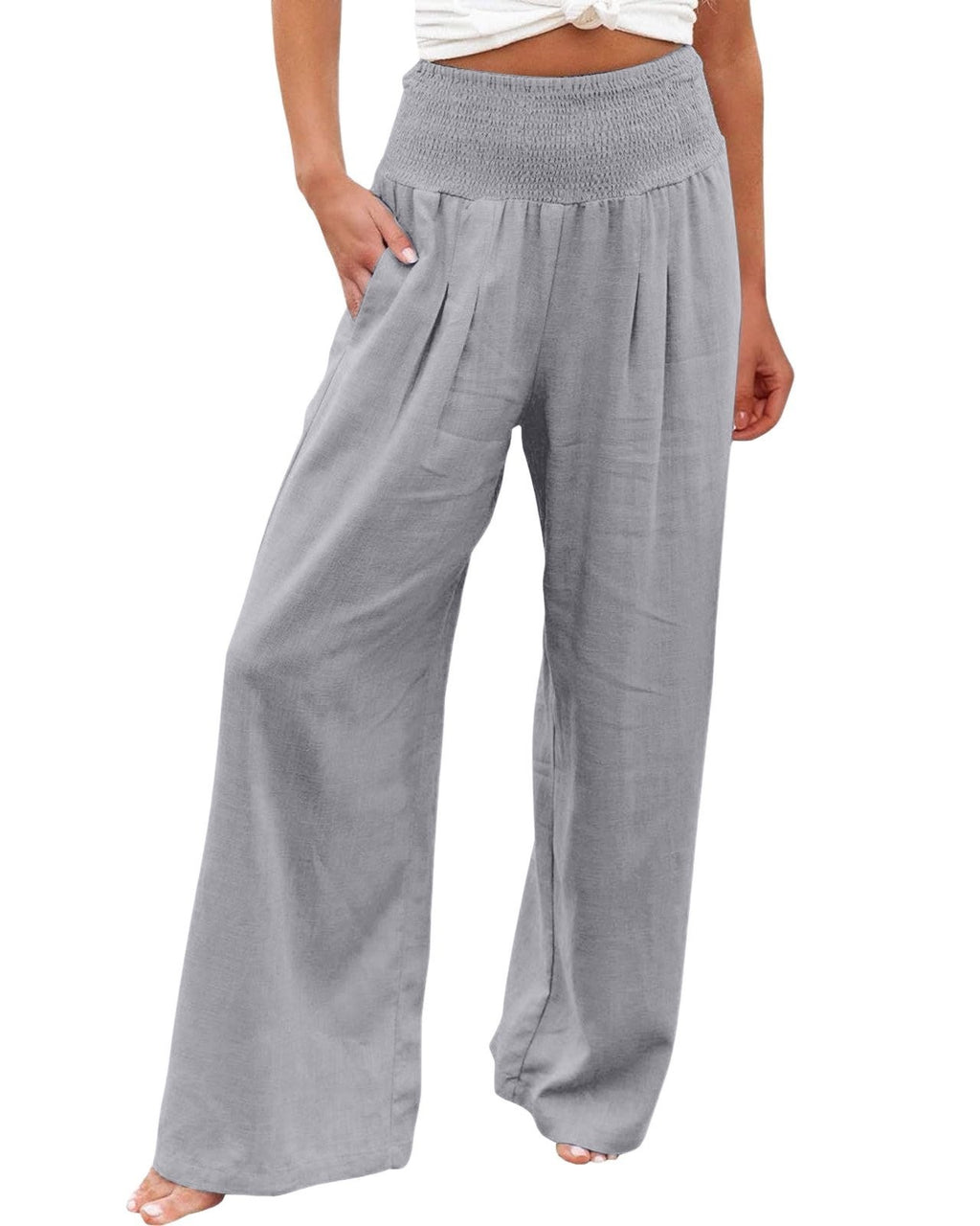 Linen Blend Smocked Waist Palazzo Pants - Light-Gray