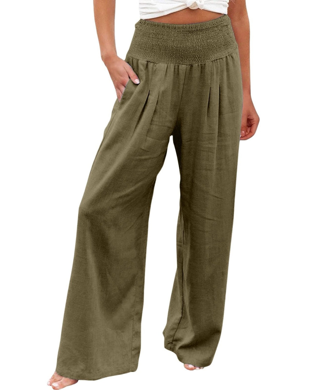 Linen Blend Smocked Waist Palazzo Pants - MGreen