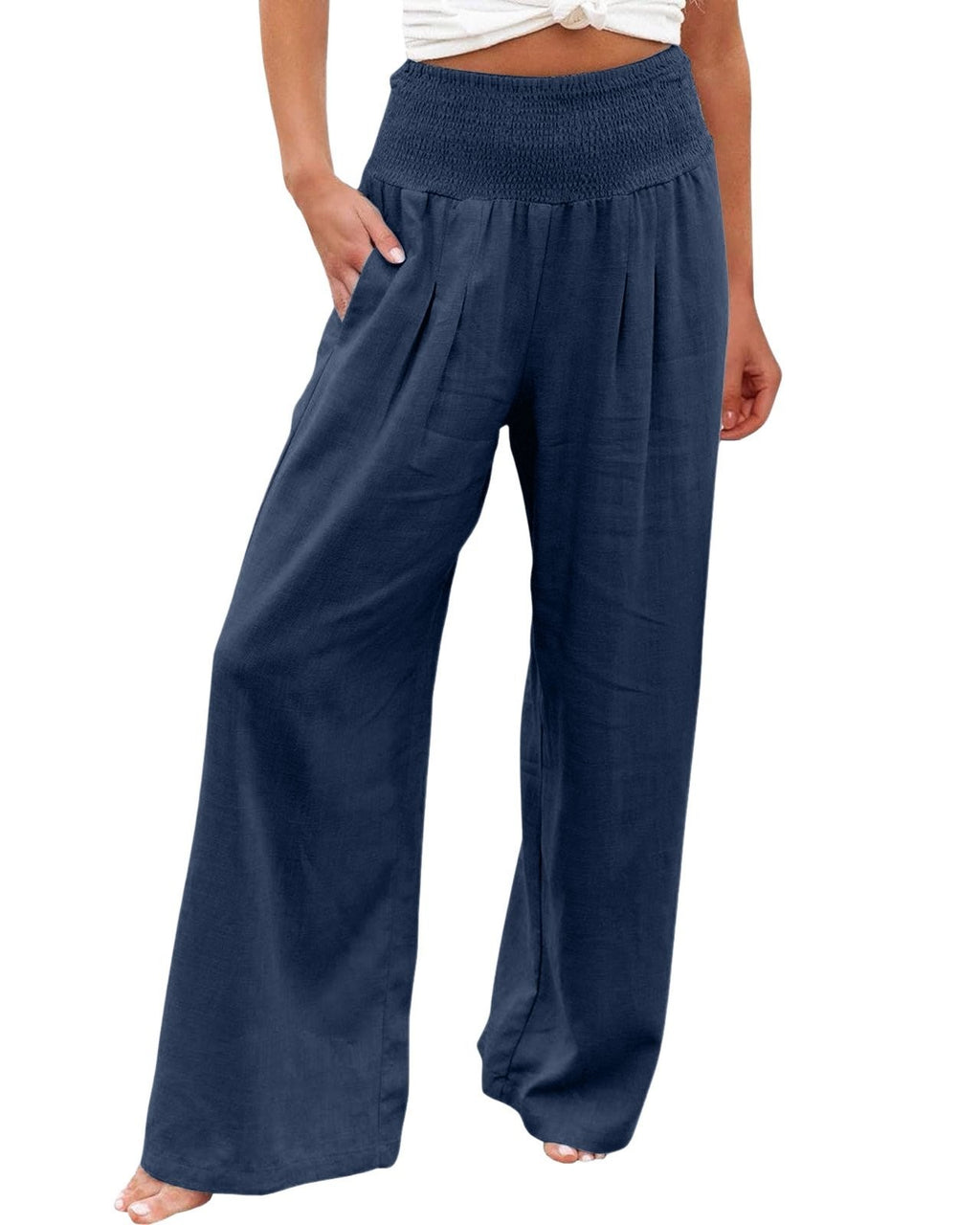 Linen Blend Smocked Waist Palazzo Pants - Navy-Blue