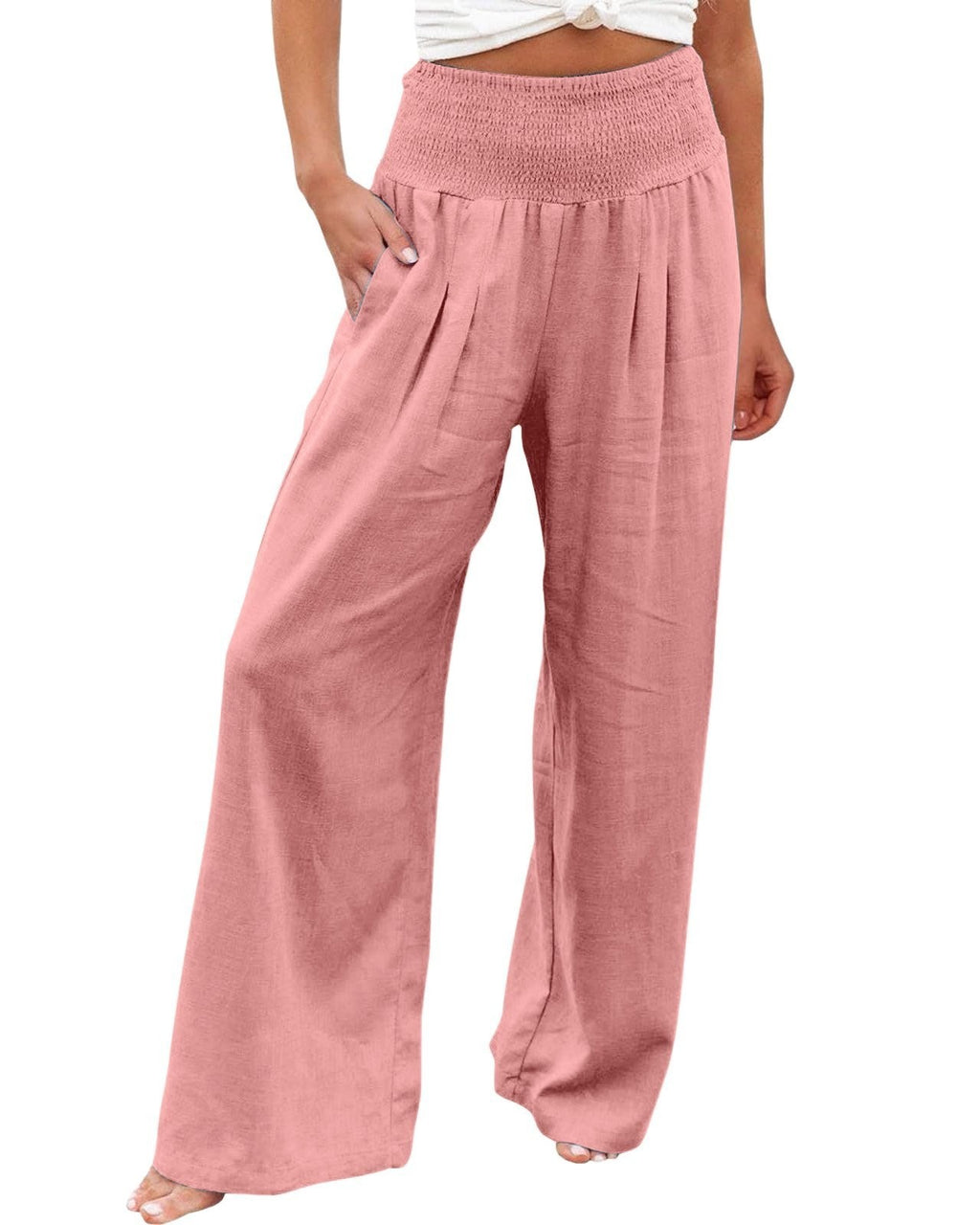 Linen Blend Smocked Waist Palazzo Pants - Pink