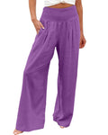 Linen Blend Smocked Waist Palazzo Pants - Purple