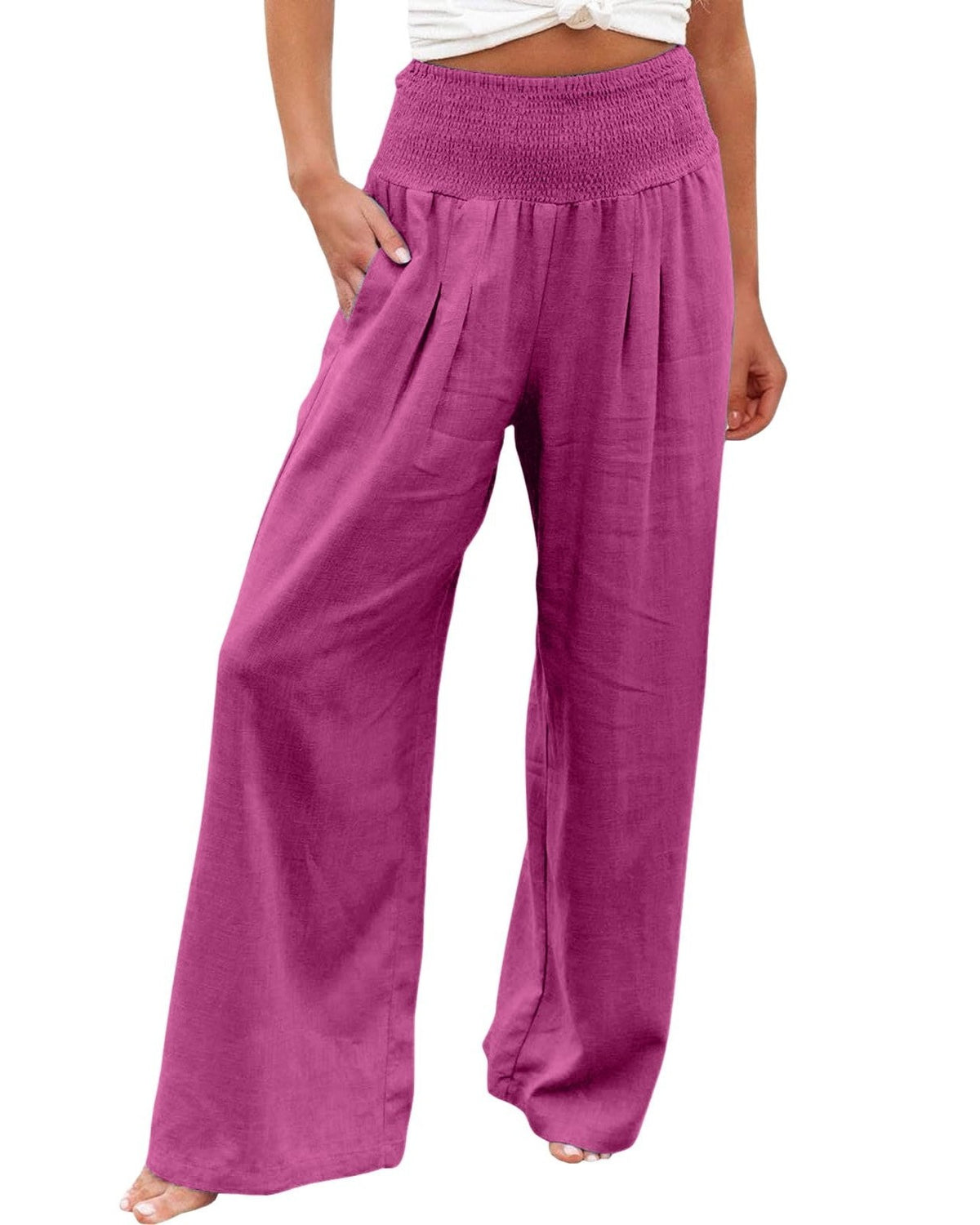 Linen Blend Smocked Waist Palazzo Pants - PurplishRed