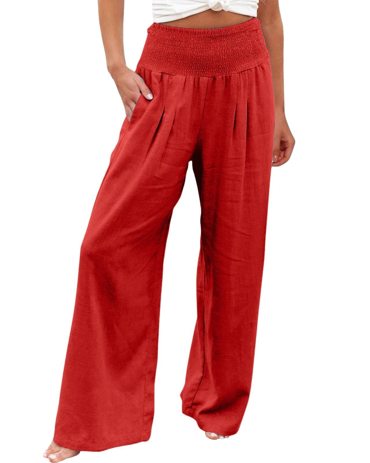 Linen Blend Smocked Waist Palazzo Pants - Red