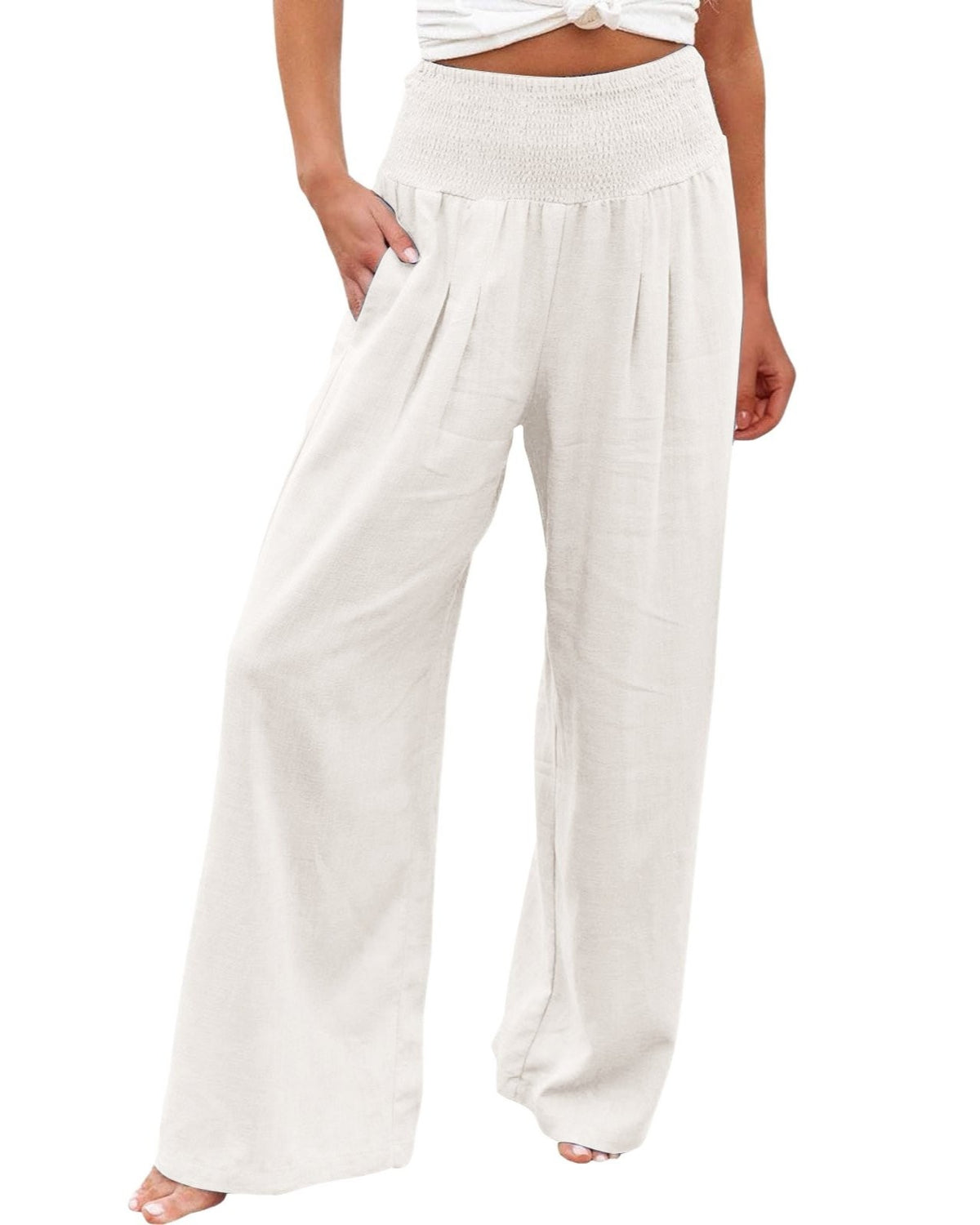 Linen Blend Smocked Waist Palazzo Pants - White