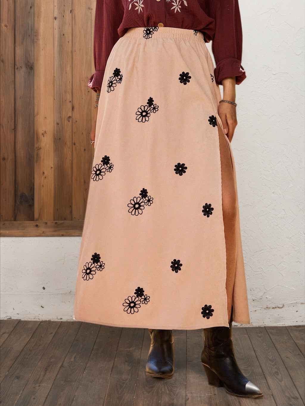 Boho Side Slit A Line Maxi Skirt - Coral