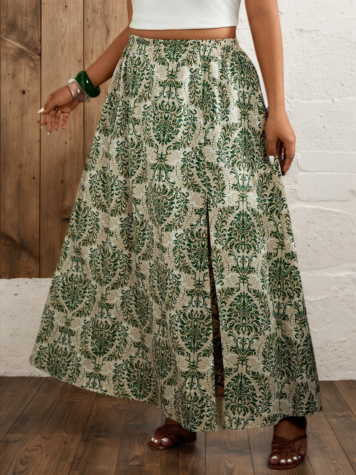 Boho Side Slit A Line Maxi Skirt - Green