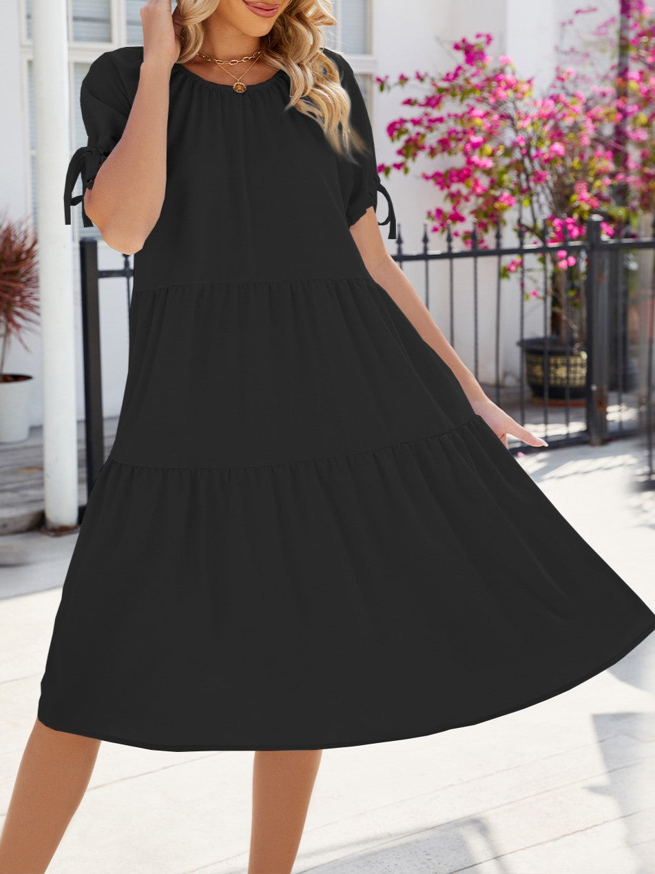 Tiered Swing Dress With Tie Sleeves - Black - 1