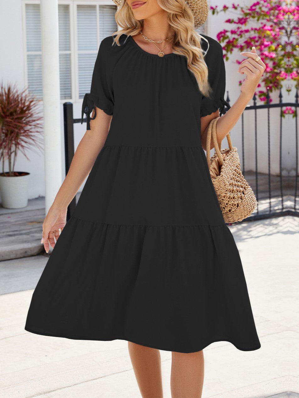 Tiered Swing Dress With Tie Sleeves - Black - 2