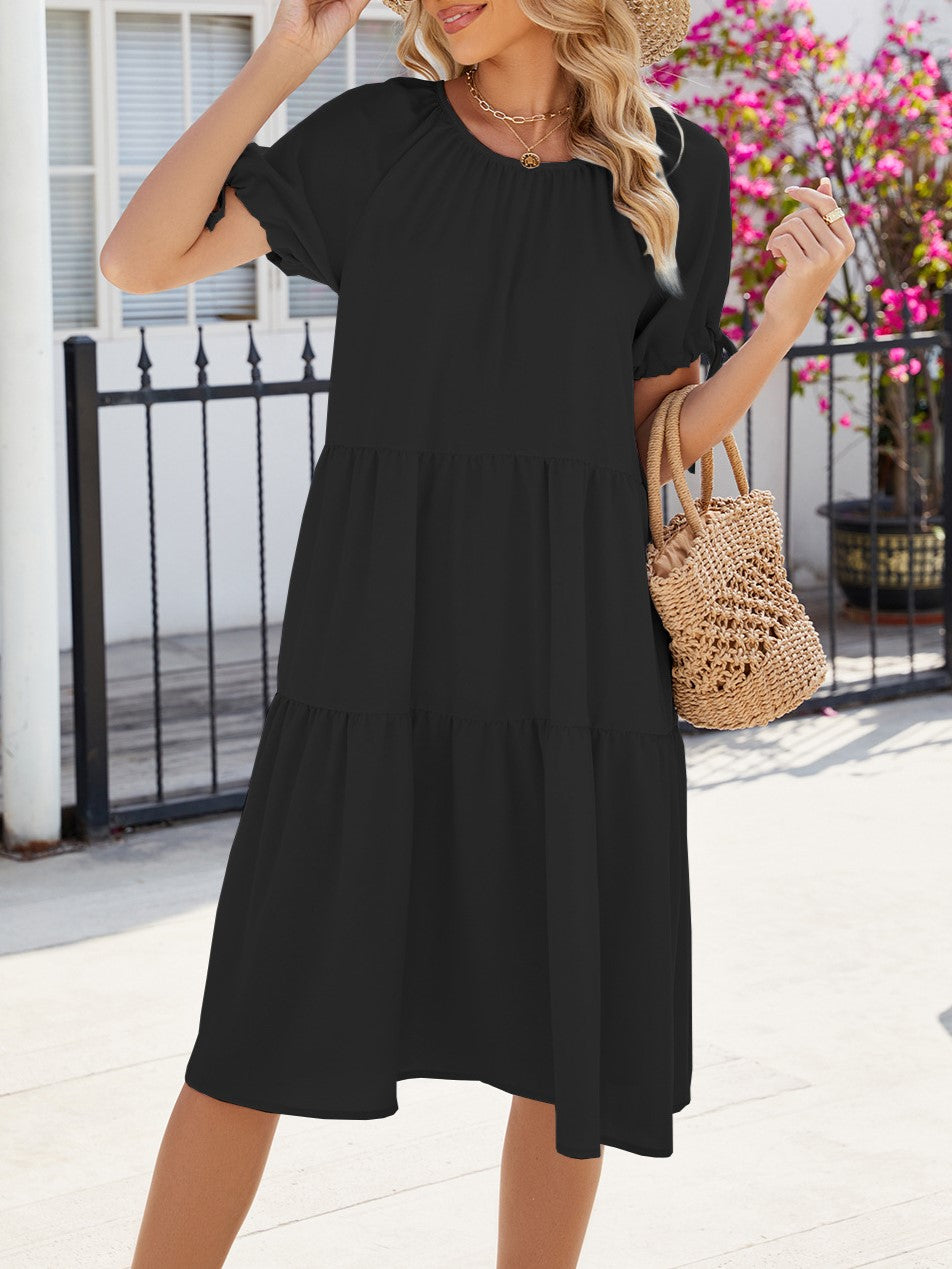 Tiered Swing Dress With Tie Sleeves - Black - 3