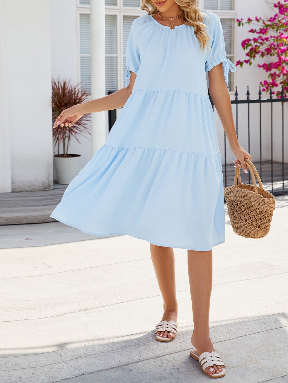Tiered Swing Dress With Tie Sleeves - Blue - 3