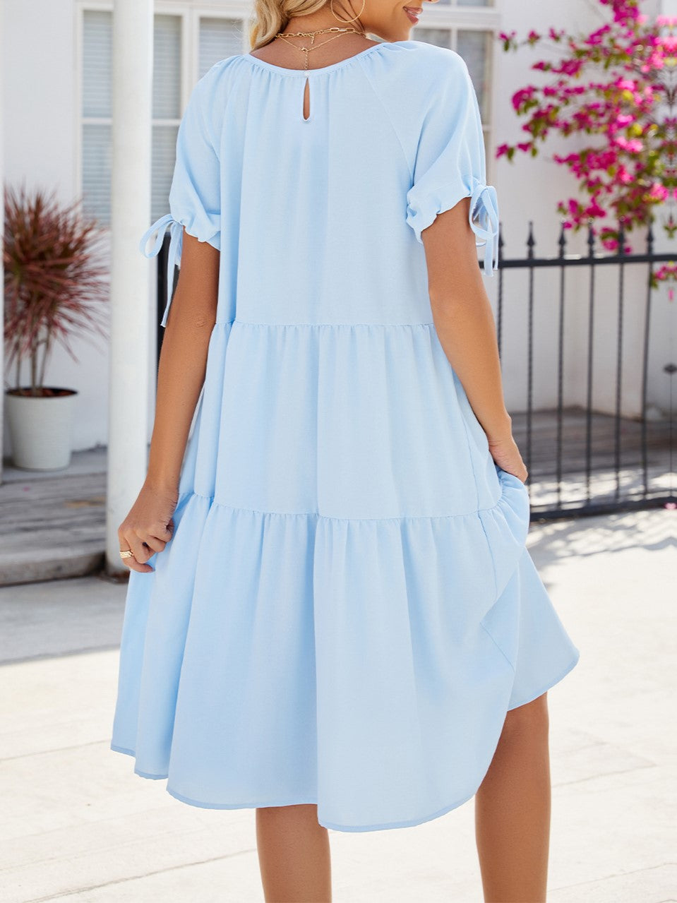 Tiered Swing Dress With Tie Sleeves - Blue - 5