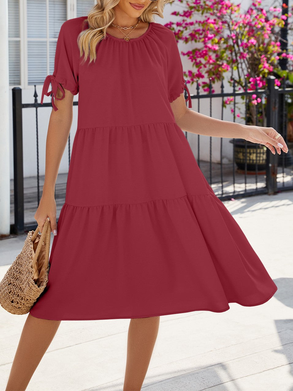 Tiered Swing Dress With Tie Sleeves - Burgundy