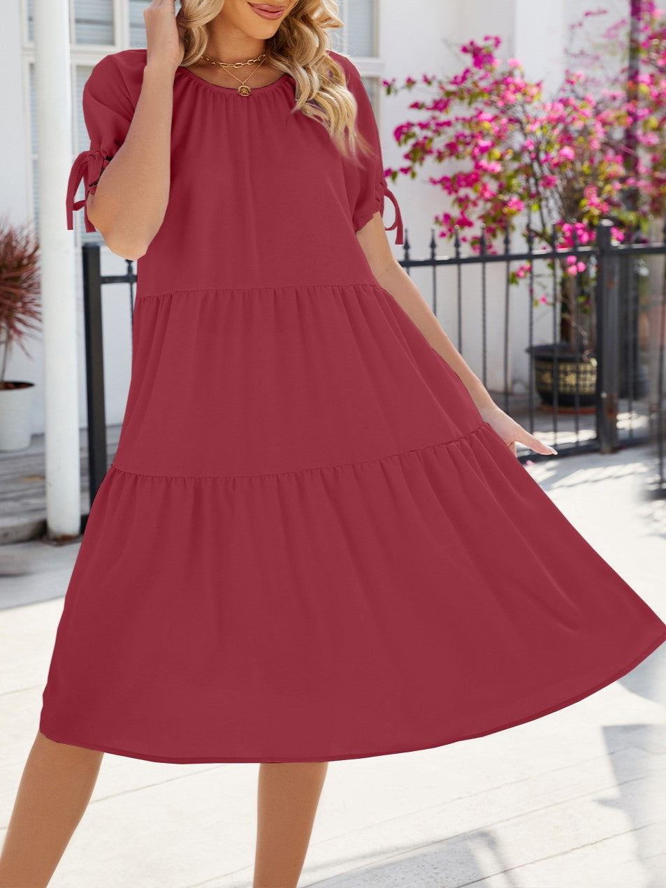 Tiered Swing Dress With Tie Sleeves - Burgundy - 1