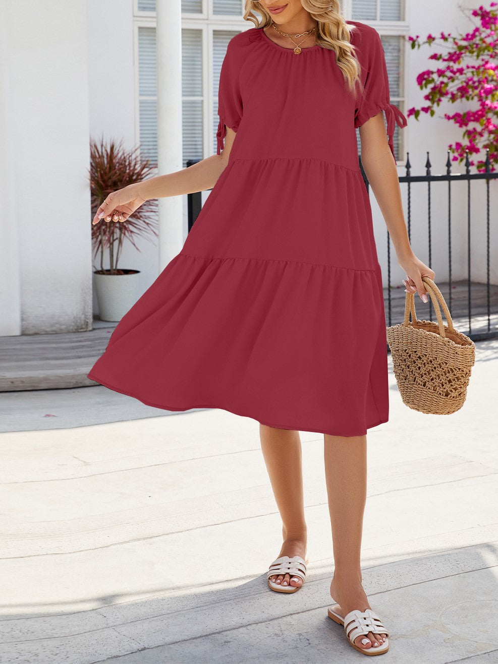 Tiered Swing Dress With Tie Sleeves - Burgundy - 2