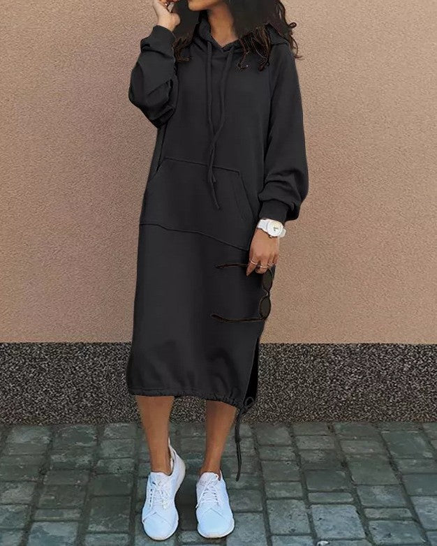 Longline Hooded Sweatshirt With Side Slits - Black