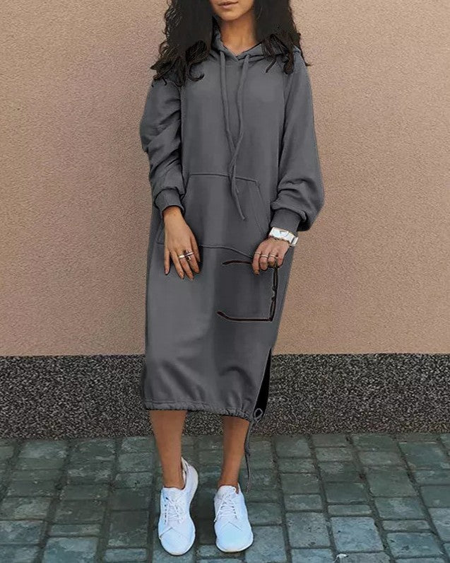 Longline Hooded Sweatshirt With Side Slits - Gray