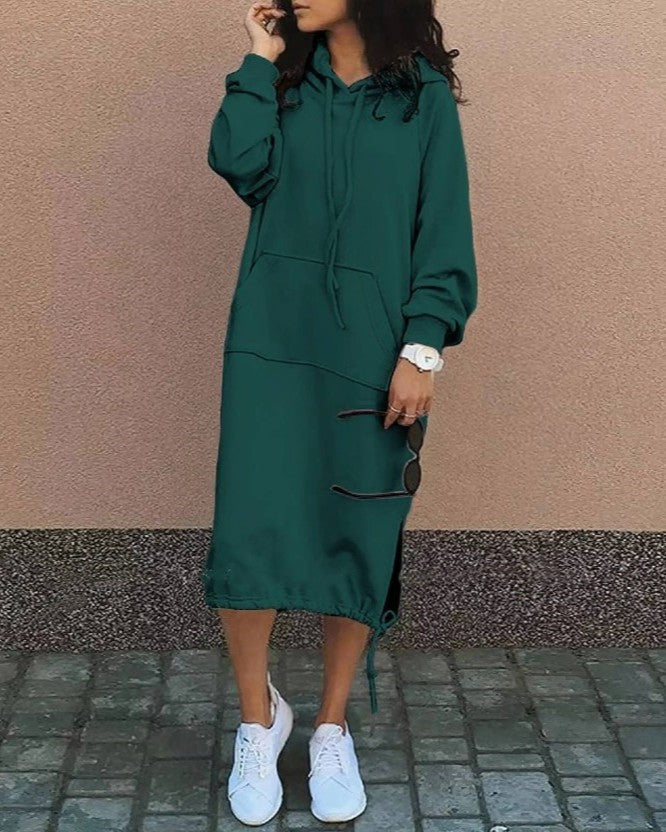 Longline Hooded Sweatshirt With Side Slits - Green