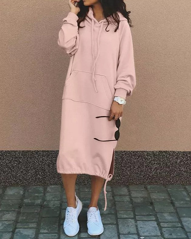 Longline Hooded Sweatshirt With Side Slits - Pink