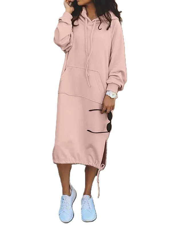 Longline Hooded Sweatshirt With Side Slits - Pink - 1