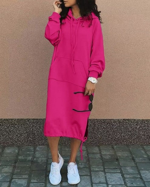 Longline Hooded Sweatshirt With Side Slits - Rose-Red