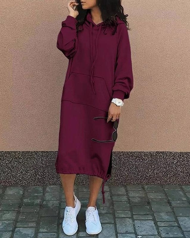 Longline Hooded Sweatshirt With Side Slits - Wine-Red