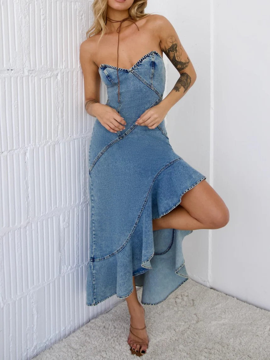 Strapless Denim Ruffle High-Low Midi Dress - Blue