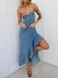 Strapless Denim Ruffle High-Low Midi Dress - Blue