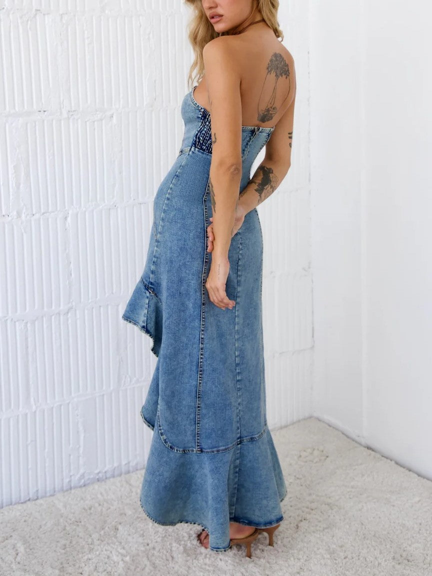 Strapless Denim Ruffle High-Low Midi Dress - Blue - 1