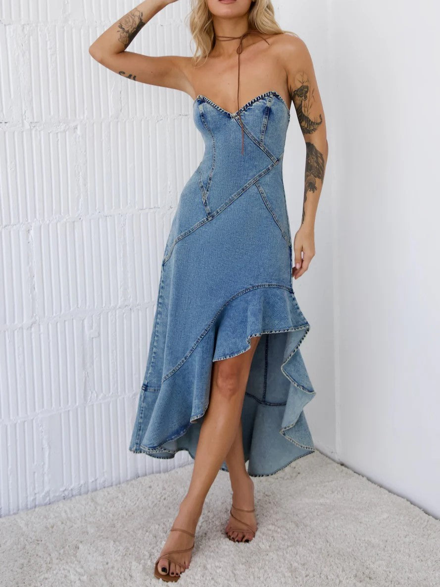 Strapless Denim Ruffle High-Low Midi Dress - Blue - 2