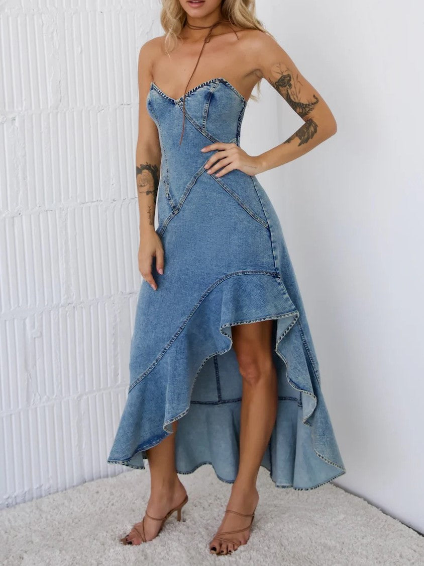 Strapless Denim Ruffle High-Low Midi Dress - Blue - 3