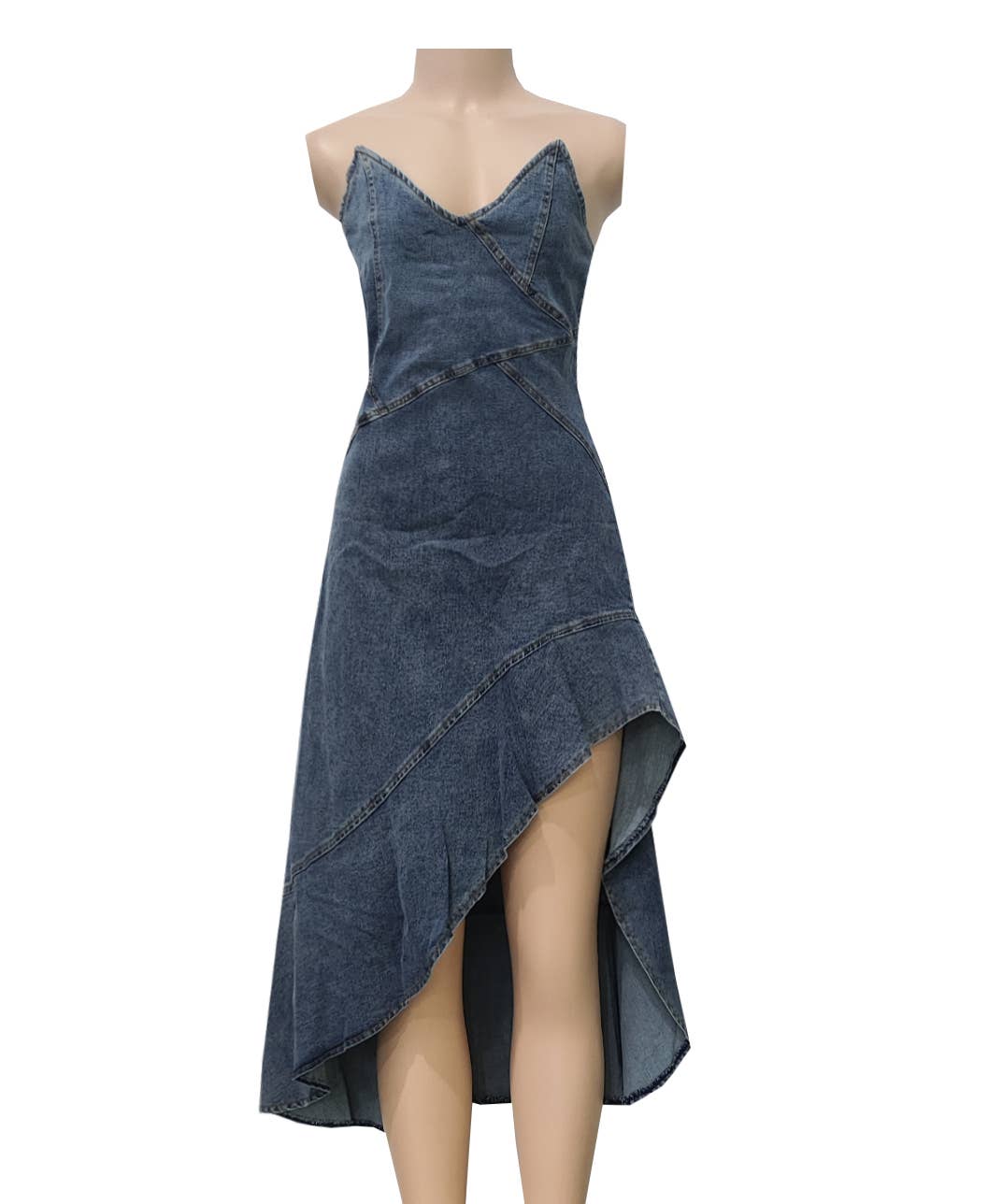 Strapless Denim Ruffle High-Low Midi Dress