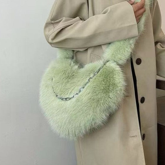 Fluffy Faux Fur Heart Shoulder Bag with Chain